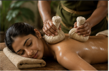 Potali herbal bolus massage applied to feet